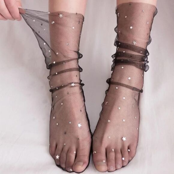 2/$20 Brand New Black Lace With Stars Stocking Tights Socks - Picture 1 of 6